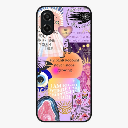 Manifestation Collage Glass Case showing flat back view with motivational collage artwork and glossy glass finish.