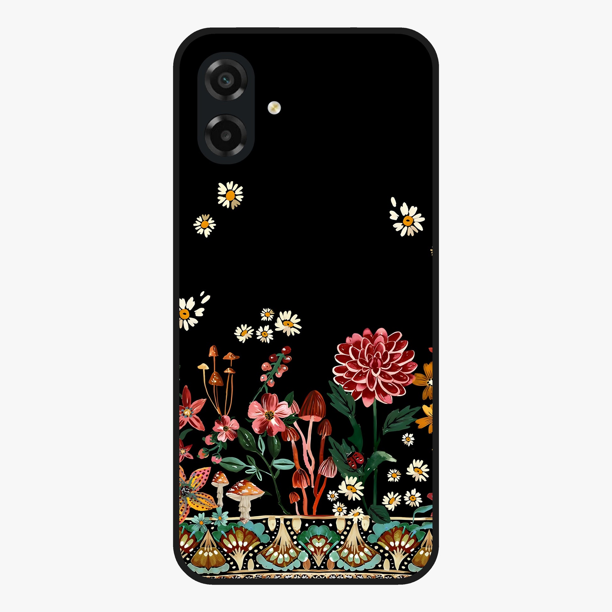 Midnight Bloom Pattern Glass Case showing flat back view with dark floral pattern artwork and glossy glass finish.
