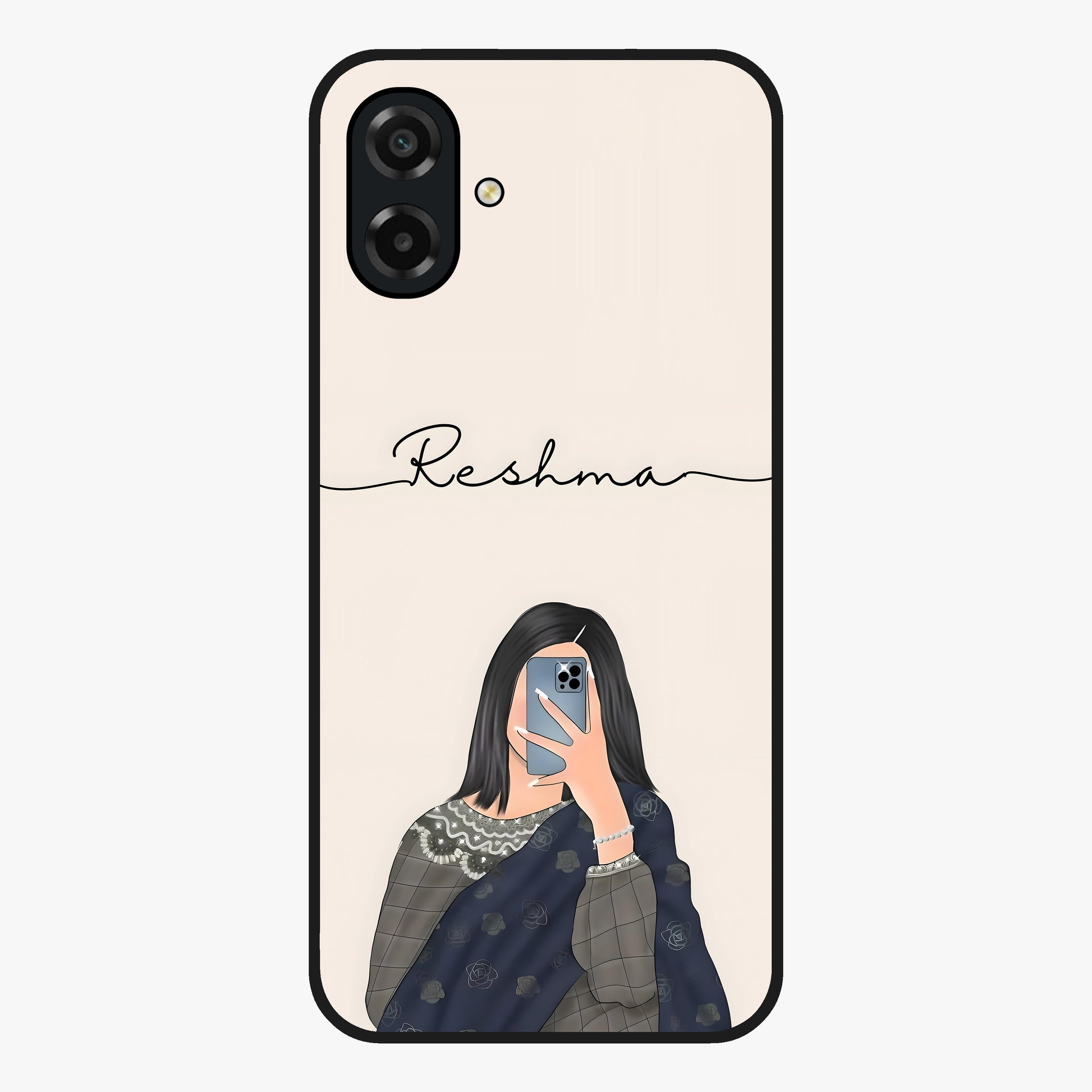 Mirror Mood Muse With Custom Name Glass Case showing flat back view with stylish mirrored artwork and personalized name design.