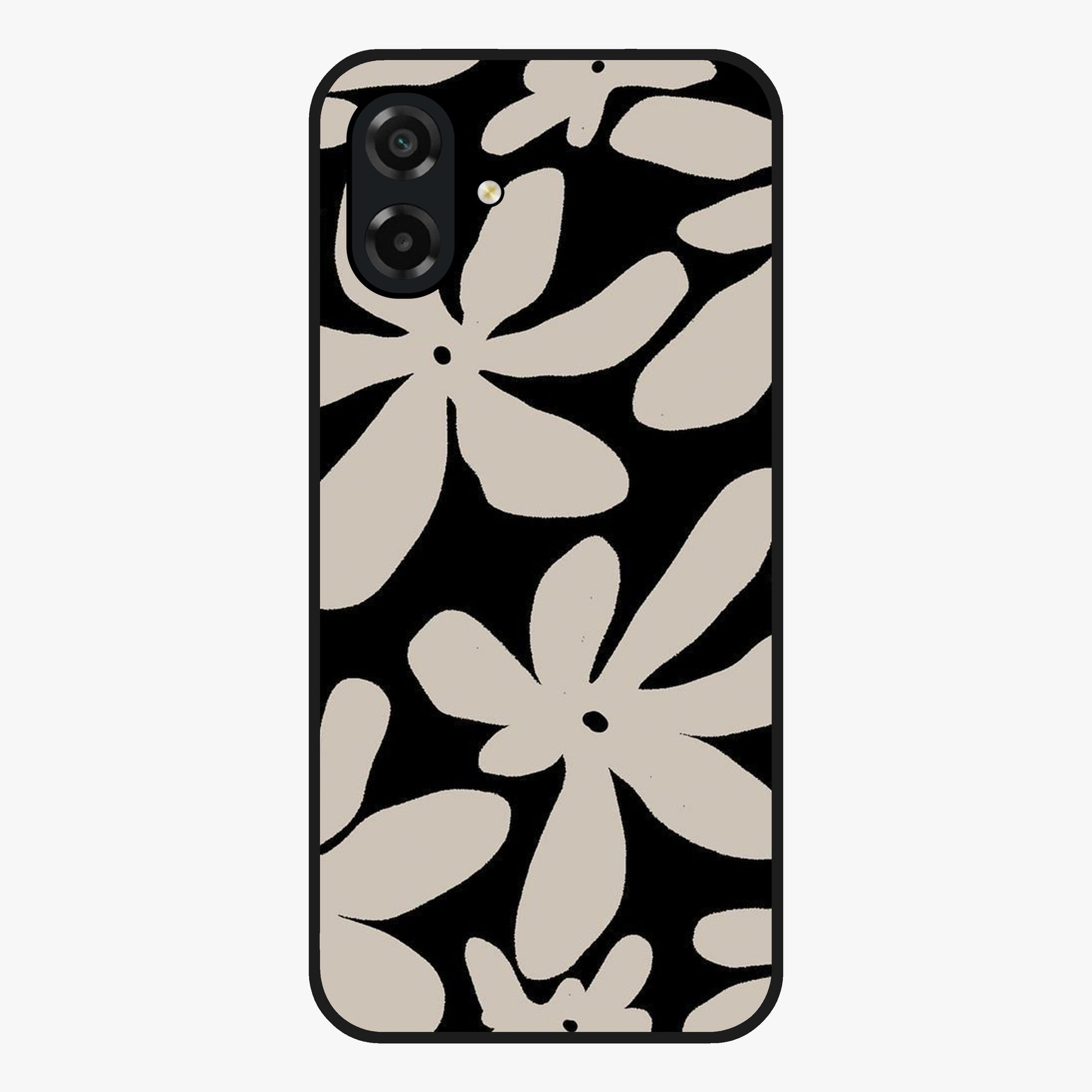 Monochrome Petal Dance Glass Case showing flat back view with monochrome floral artwork and glossy glass finish.