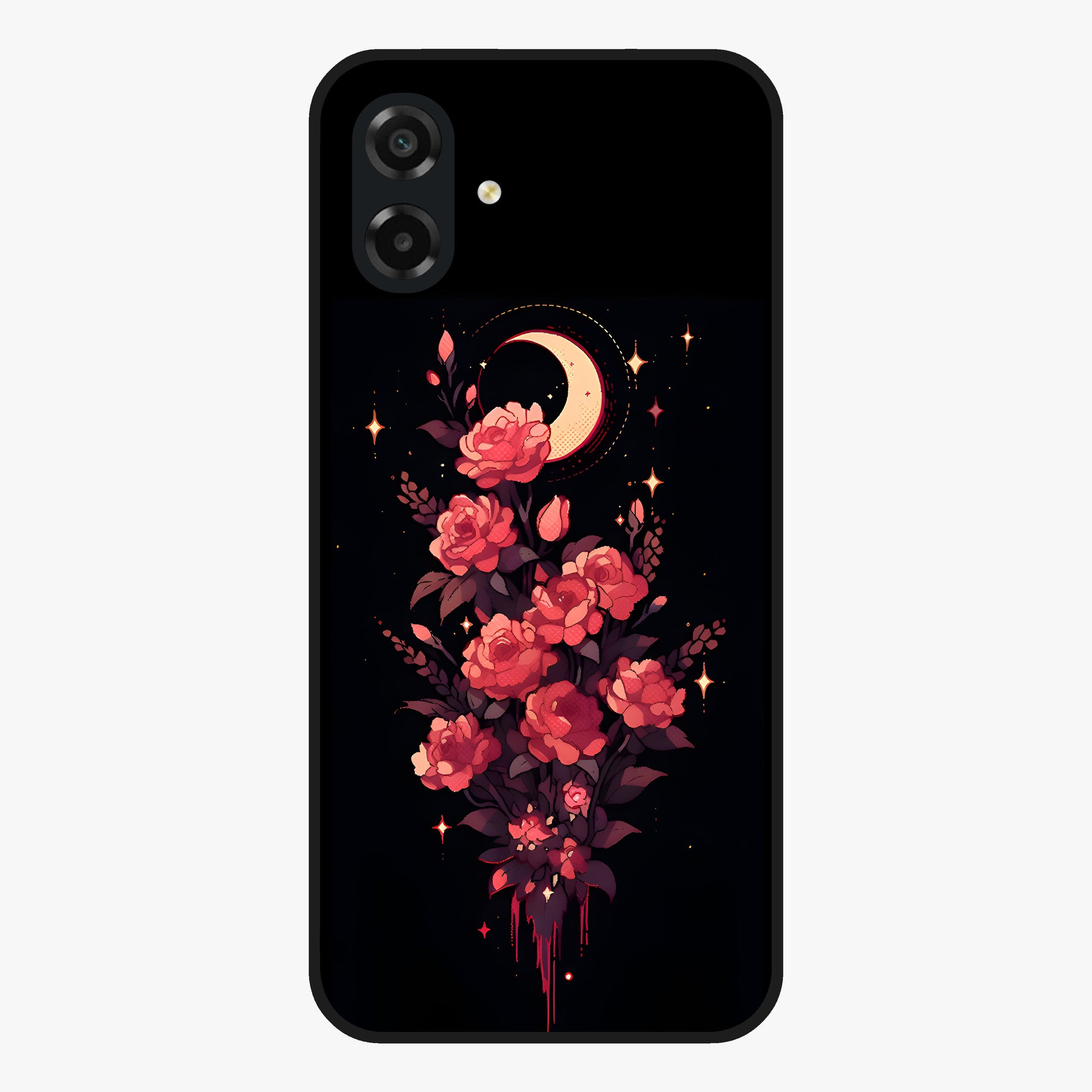 Moonlit Floral Elegance Glass Case showing flat back view with elegant floral artwork under moonlit tones and glossy glass finish.