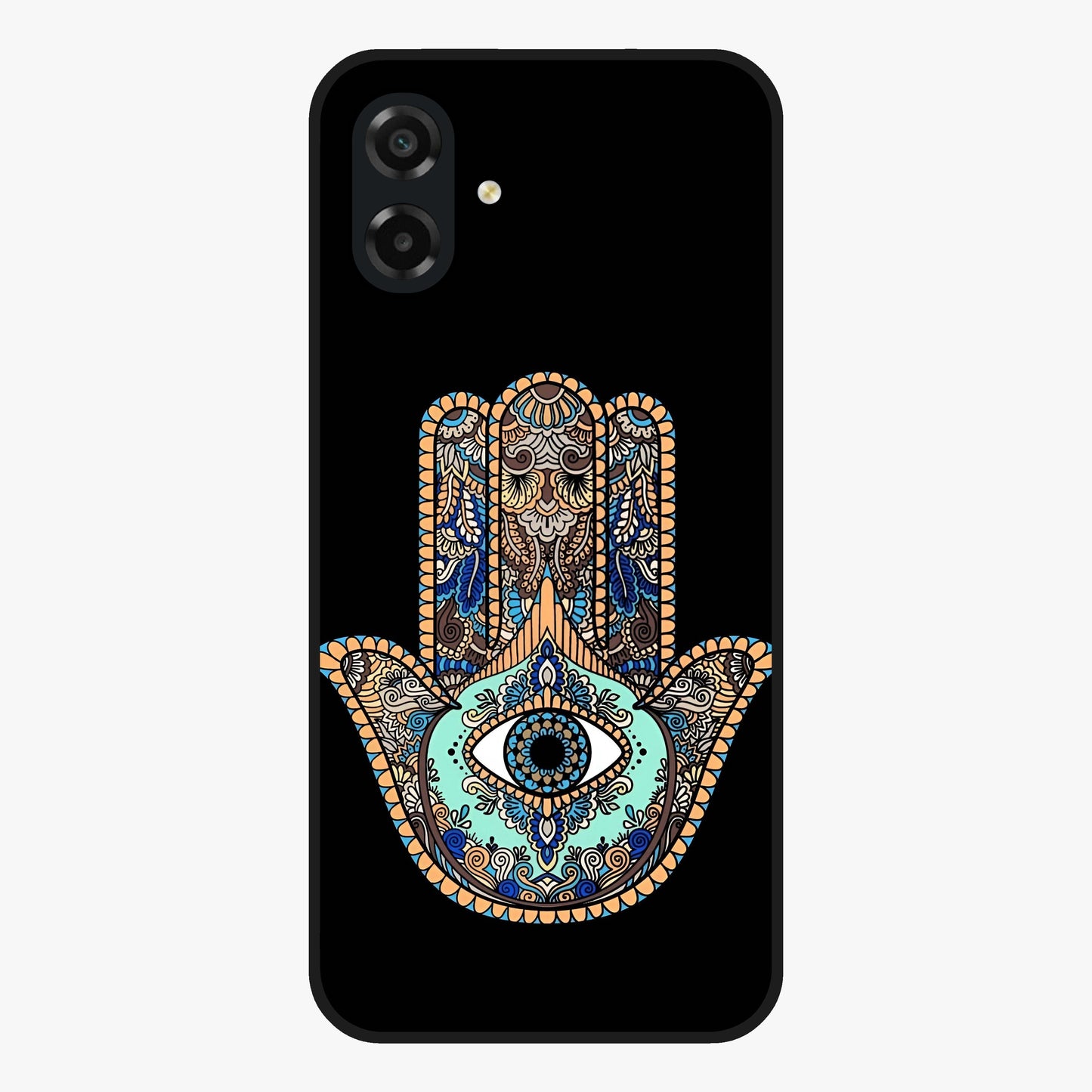 Mystic Hamsa Eye Glass Case showing flat back view with protective hamsa hand and evil eye artwork and glossy glass finish.