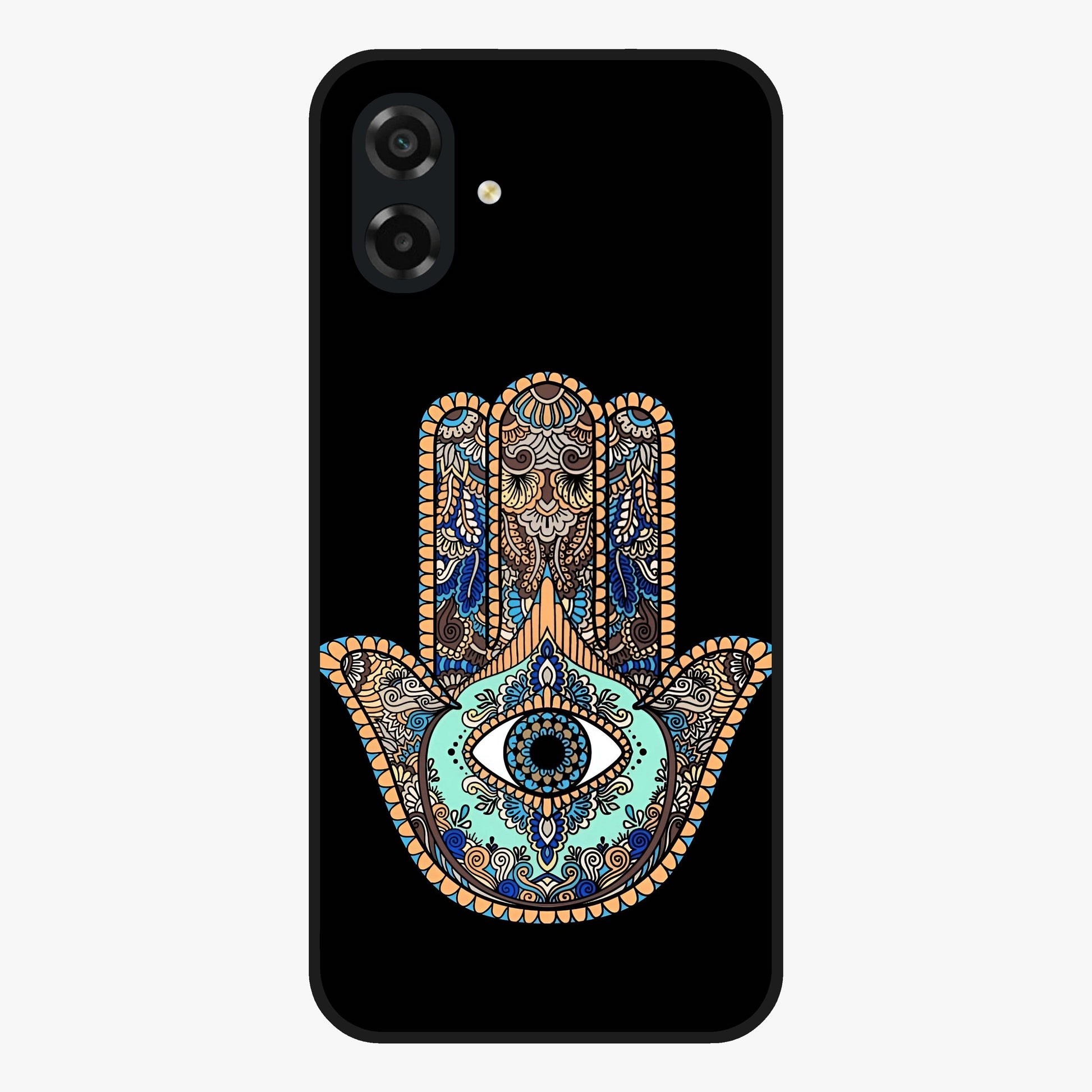Mystic Hamsa Eye Glass Case showing flat back view with protective hamsa hand and evil eye artwork and glossy glass finish.