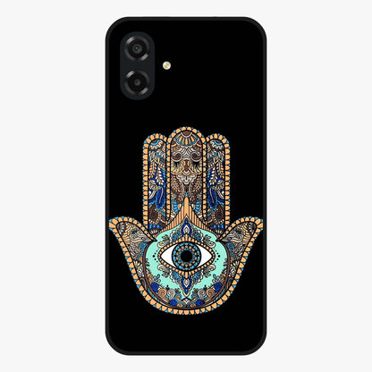 Mystic Hamsa Eye Glass Case showing flat back view with protective hamsa hand and evil eye artwork and glossy glass finish.