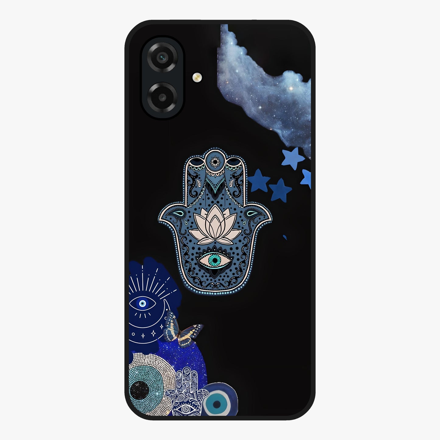 Mystic Hand Aura Glass Case showing flat back view with mystical hand symbol artwork and glossy glass finish.