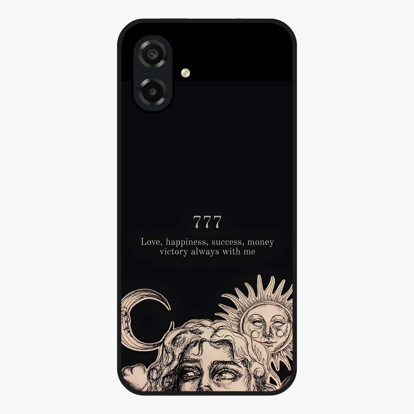Mystic Victory Aura Glass Case showing flat back view with victory symbol artwork and glossy glass finish.