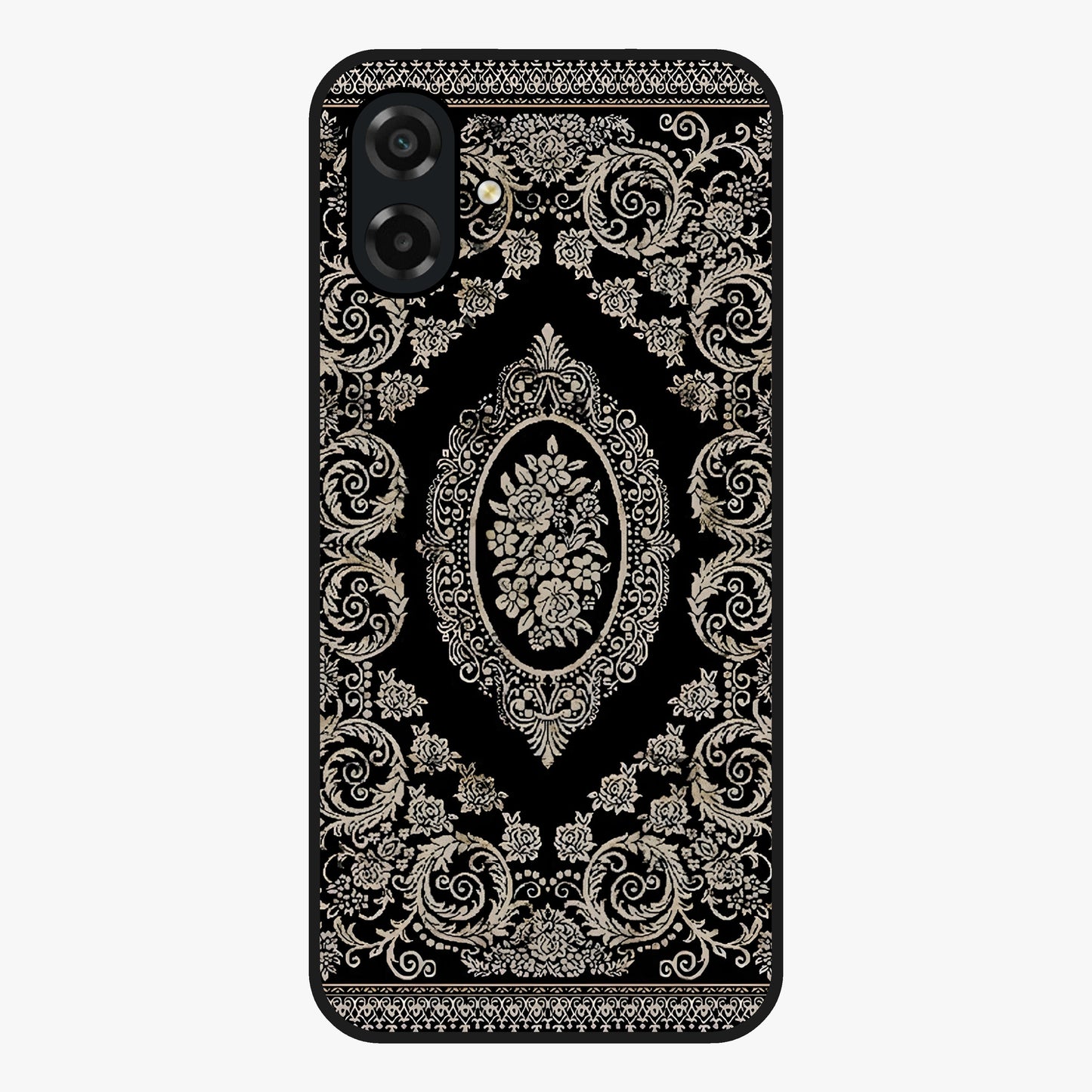 Noir Bloom Elegance Glass Case showing flat back view with elegant dark floral artwork and glossy glass finish.