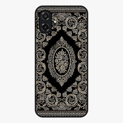 Noir Bloom Elegance Glass Case showing flat back view with elegant dark floral artwork and glossy glass finish.