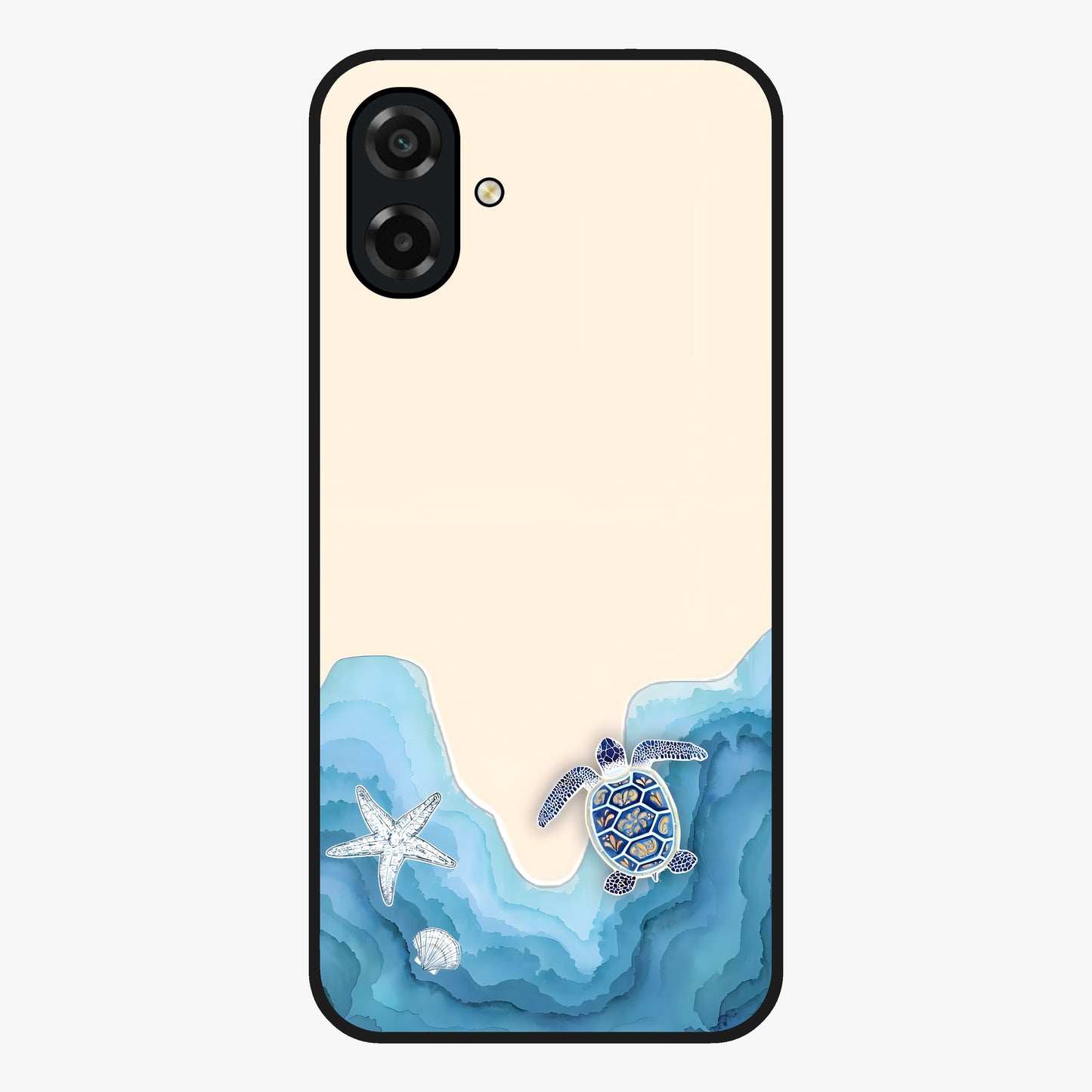 Ocean Drift Turtle Glass Case showing flat back view with sea turtle artwork and glossy glass finish.