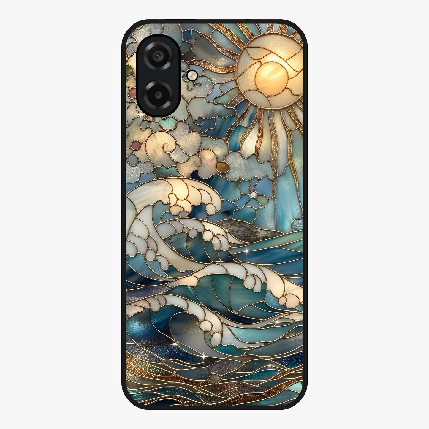 Oceanic Stained Printed Glass Case showing flat back view with ocean inspired stained pattern artwork and glossy glass finish.