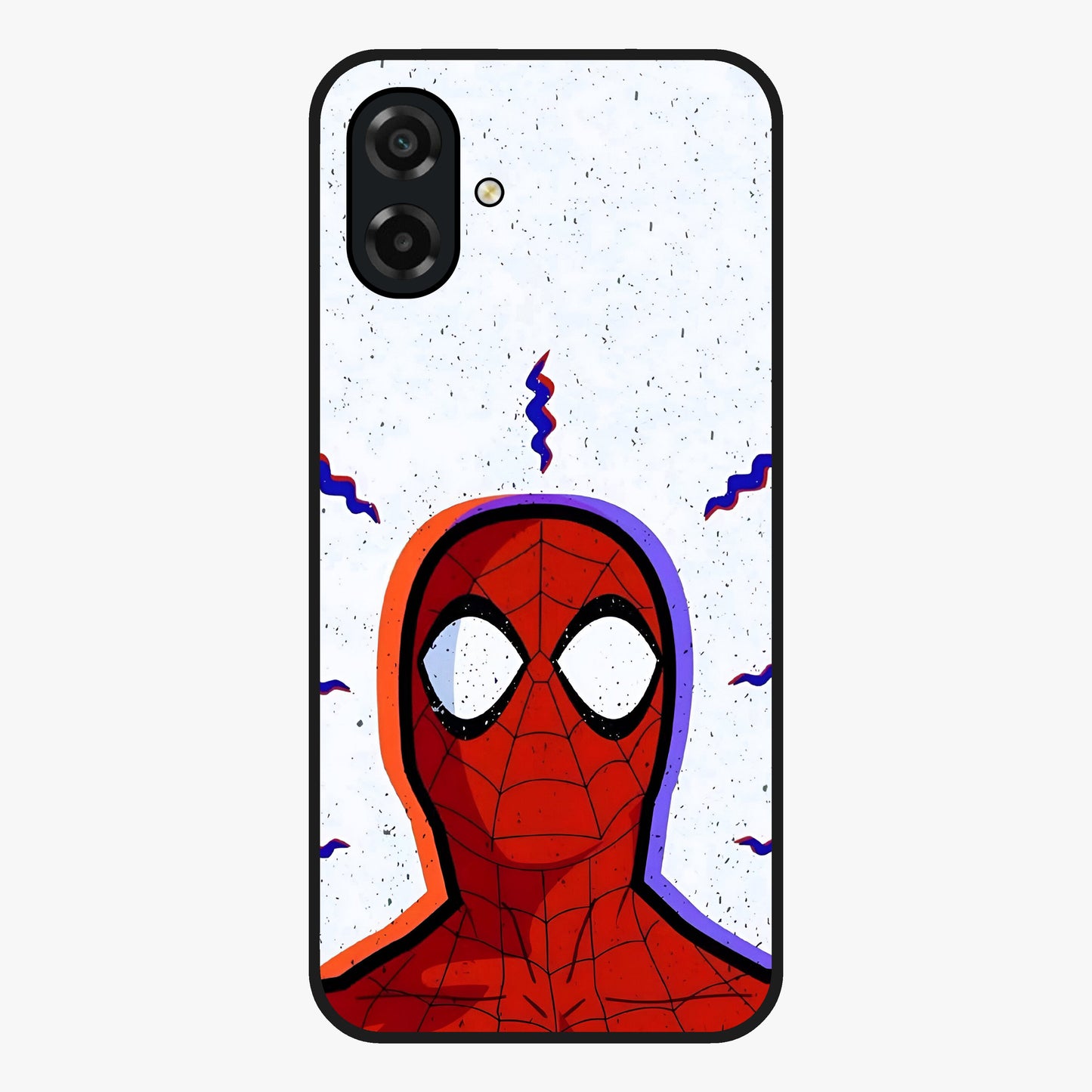Omg Spiderman Glass Case showing flat back view with bold superhero inspired artwork and glossy glass finish.