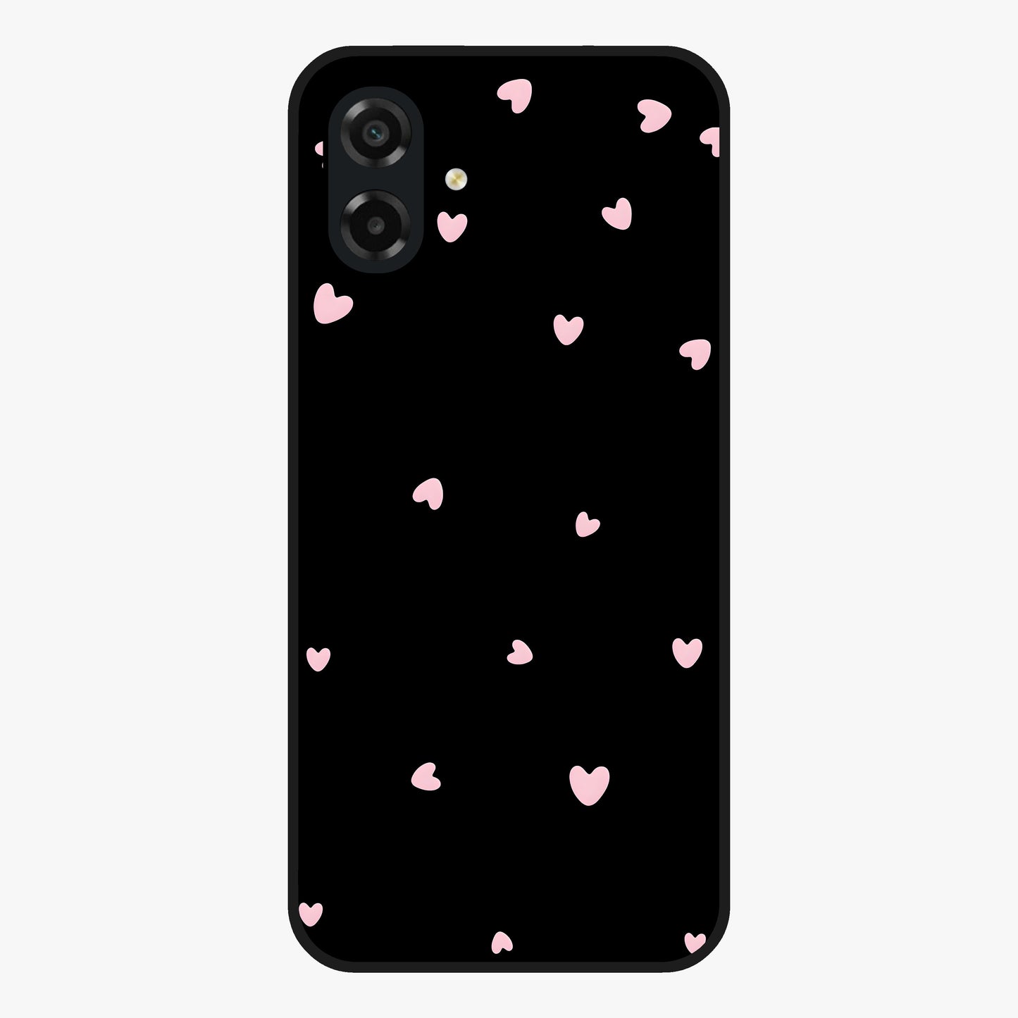 Pink Love Drops Glass Case showing flat back view with playful pink heart drops artwork and glossy glass finish.