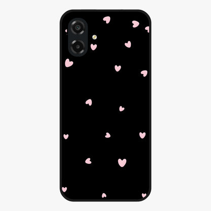 Pink Love Drops Glass Case showing flat back view with playful pink heart drops artwork and glossy glass finish.