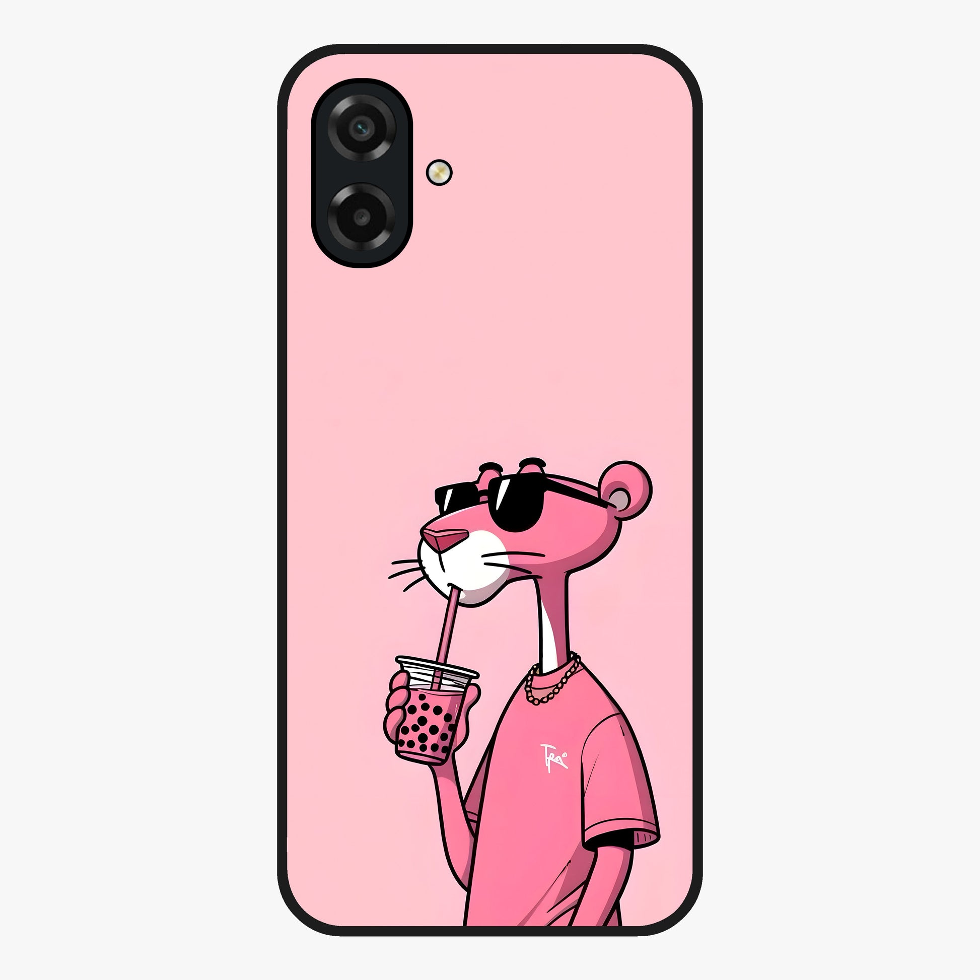 Pink Panther Glass Case showing flat back view with iconic pink panther artwork and glossy glass finish.
