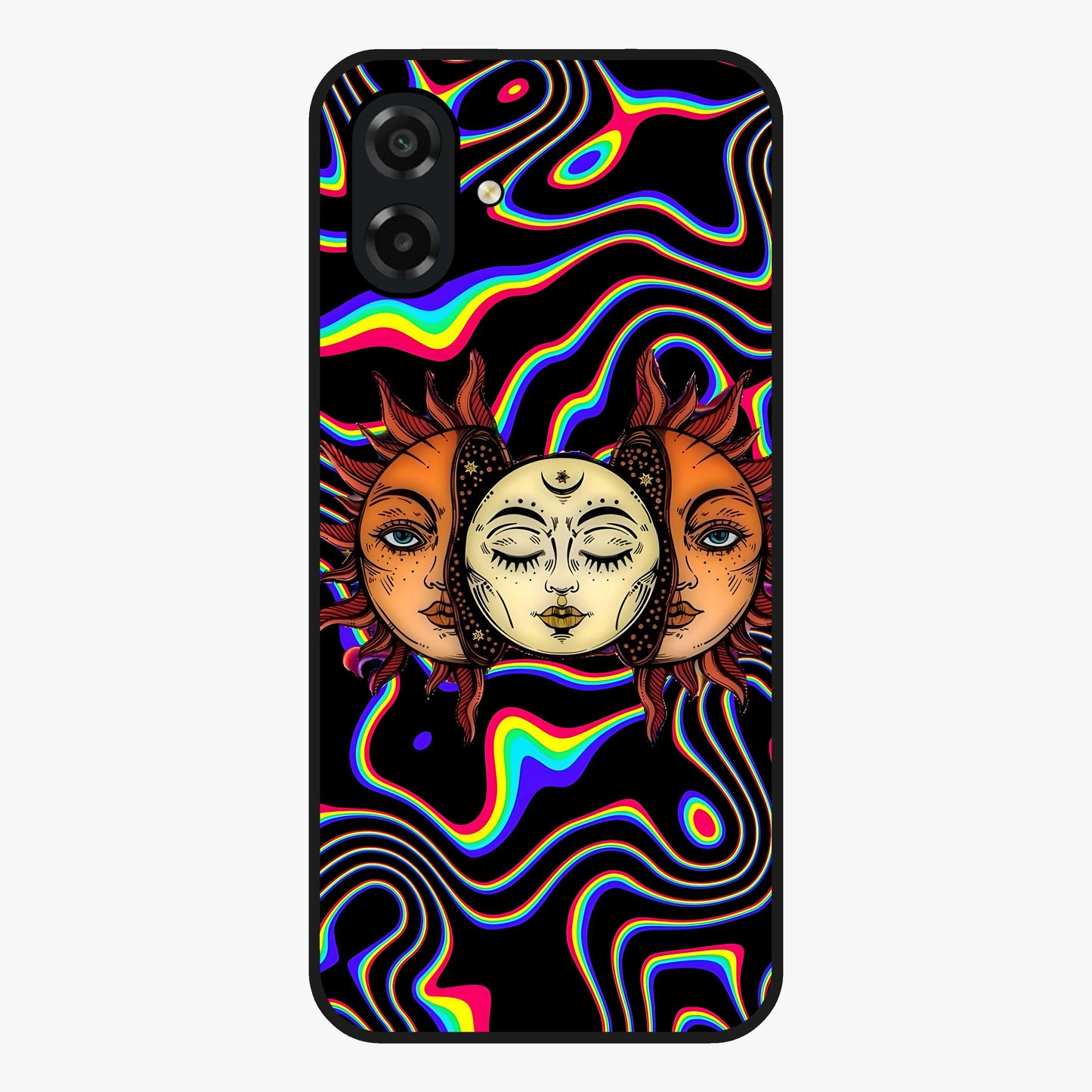 Psychedelic Sun Glass Case showing flat back view with colorful psychedelic sun artwork and glossy glass finish.