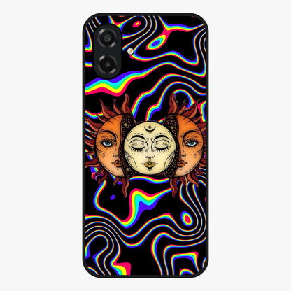 Psychedelic Sun Glass Case showing flat back view with colorful psychedelic sun artwork and glossy glass finish.