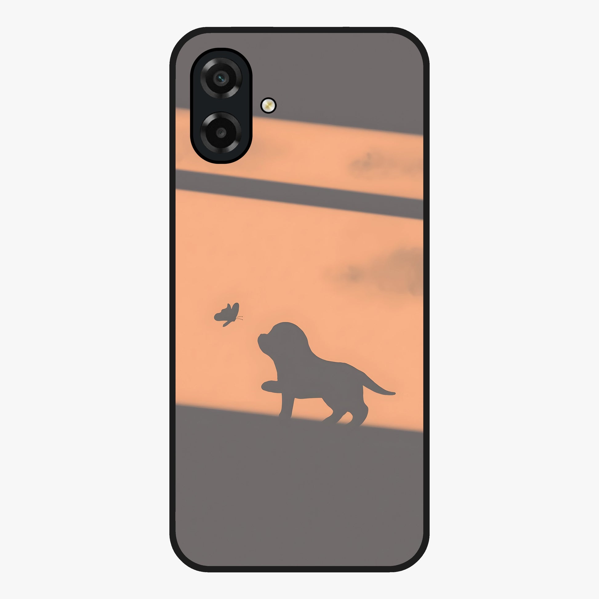 Puppy Shadow Art Glass Case showing flat back view with cute puppy shadow style artwork and glossy glass finish.