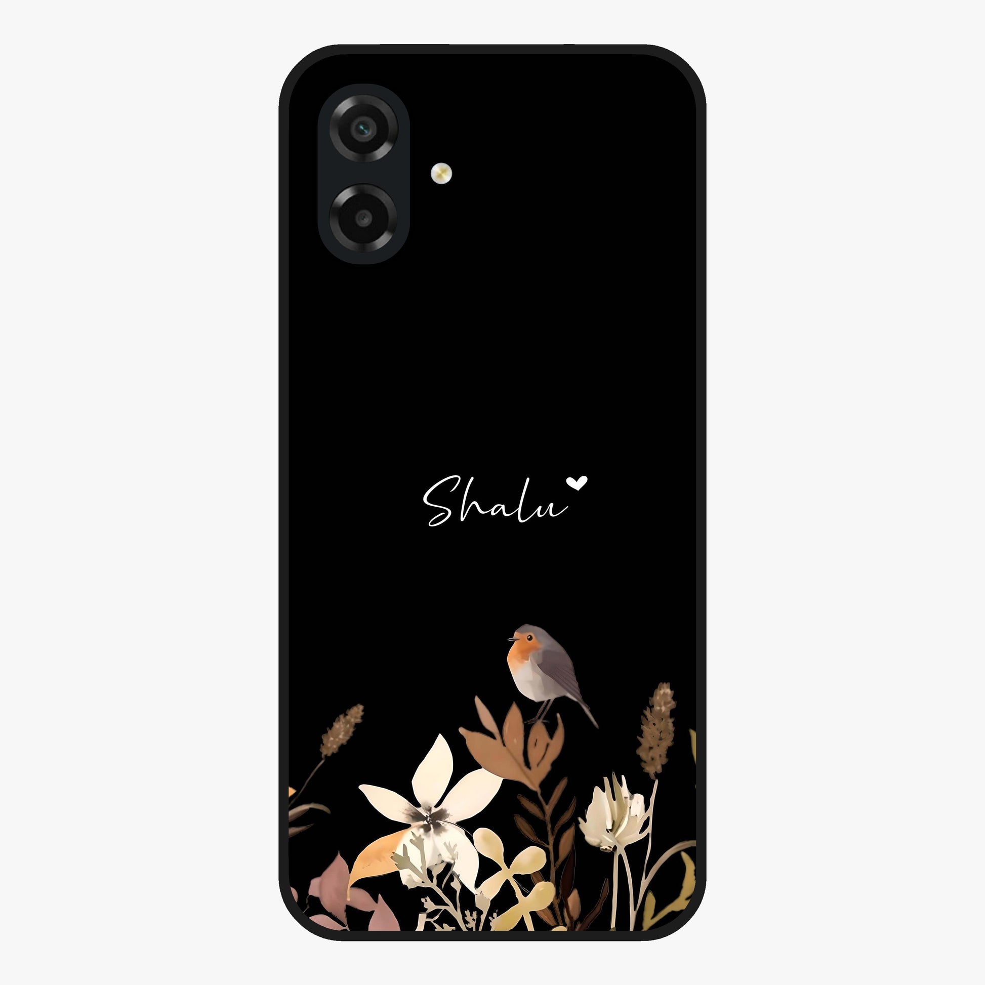 Quiet Garden Tune Custom Name Glass Case showing flat back view with peaceful garden artwork and personalized name design.
