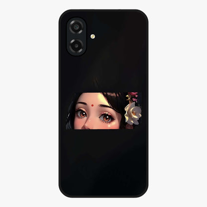 Radha Divine Embrace Glass Case showing flat back view with devotional Radha artwork and glossy glass finish.