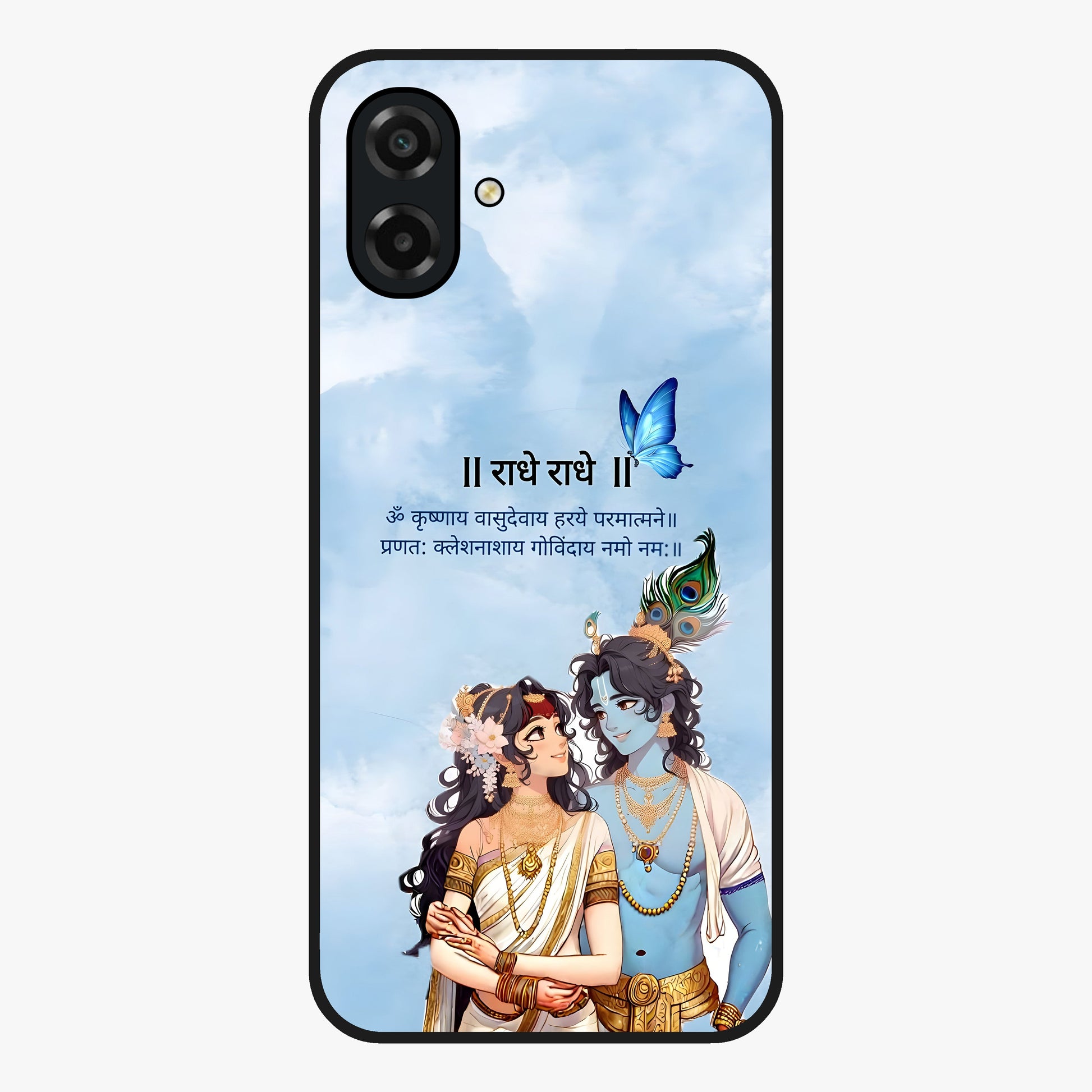 Radha Krishna Eternal Glass Case showing flat back view with Radha Krishna devotional artwork and glossy glass finish.
