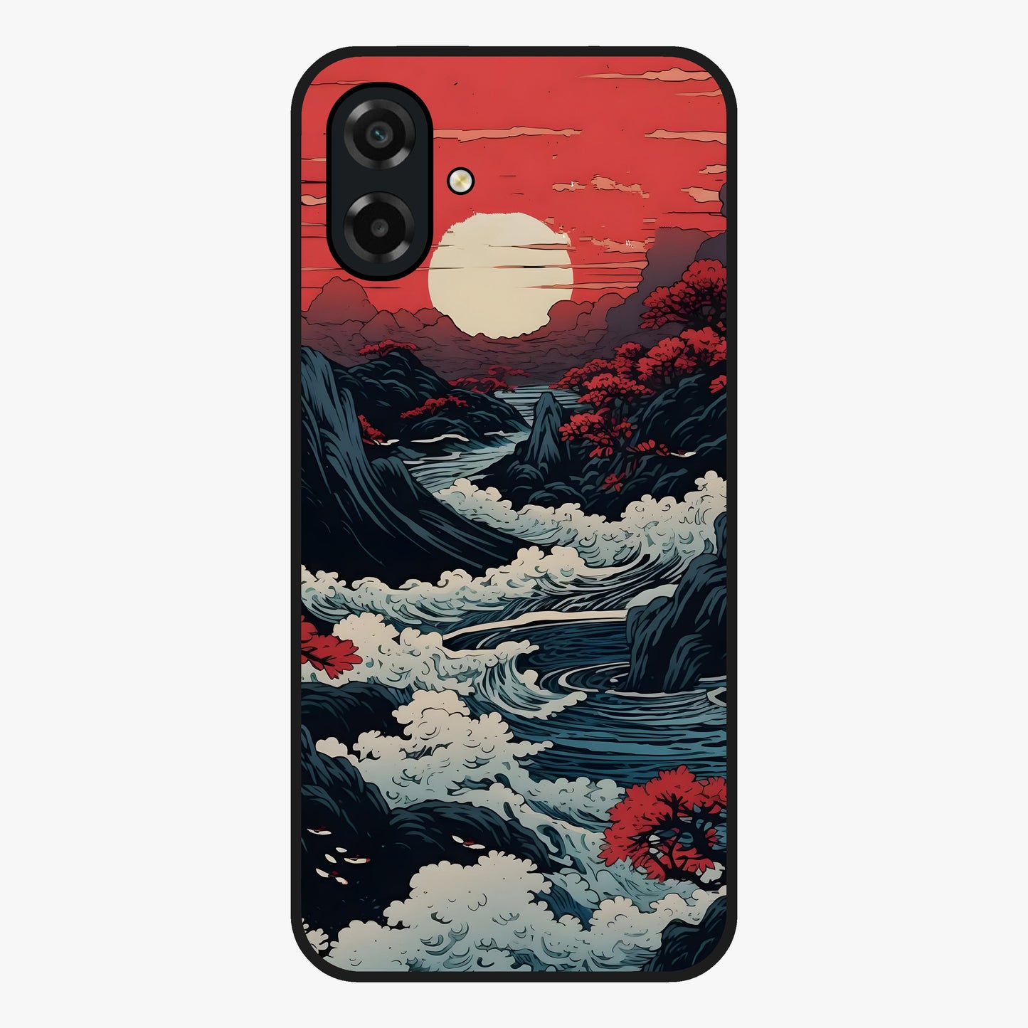 Red Sunset Scenery Glass Case showing flat back view with vibrant sunset landscape artwork and glossy glass finish.