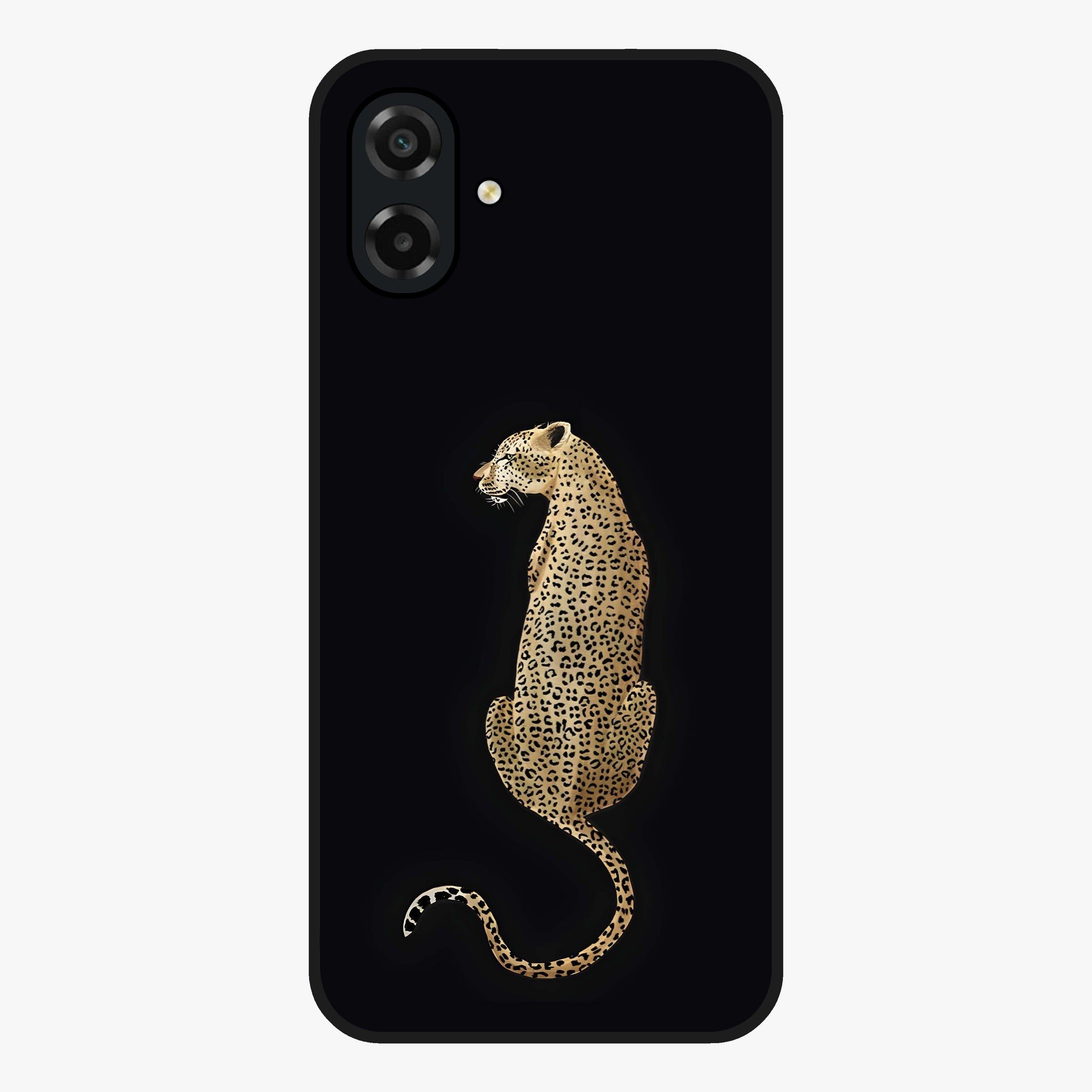 Regal Leopard Glass Case showing flat back view with bold leopard artwork and glossy glass finish.