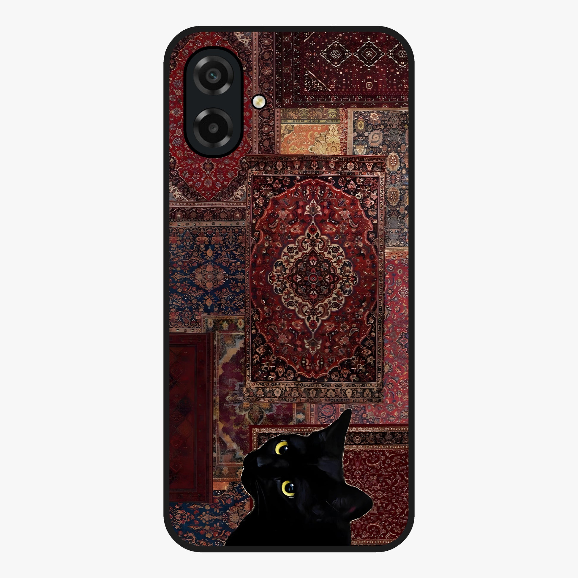 Regal Magic Cat Apple Glass Case showing flat back view with magical cat artwork holding apple and glossy glass finish.