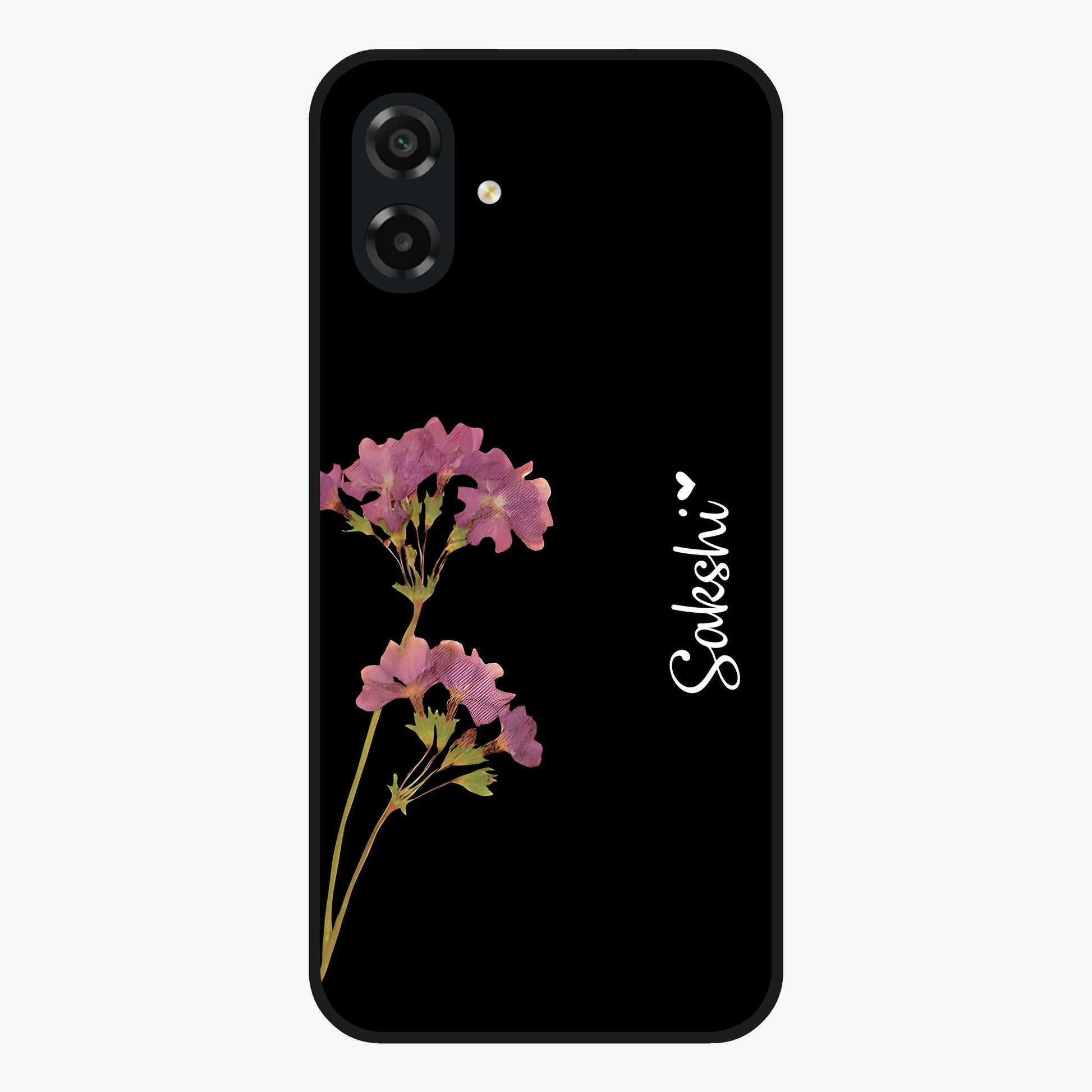 Riching Lavender Flower Custom Name Glass Case showing flat back view with lavender floral artwork and personalized name design.