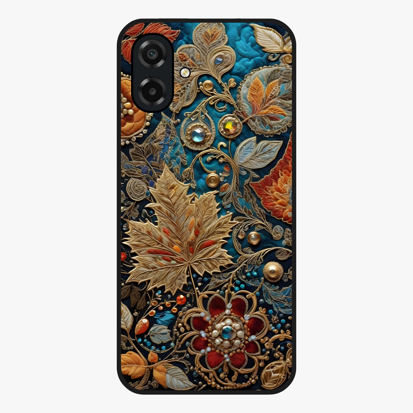 Royal Jewel Garden Glass Case showing flat back view with decorative floral garden artwork and glossy glass finish.
