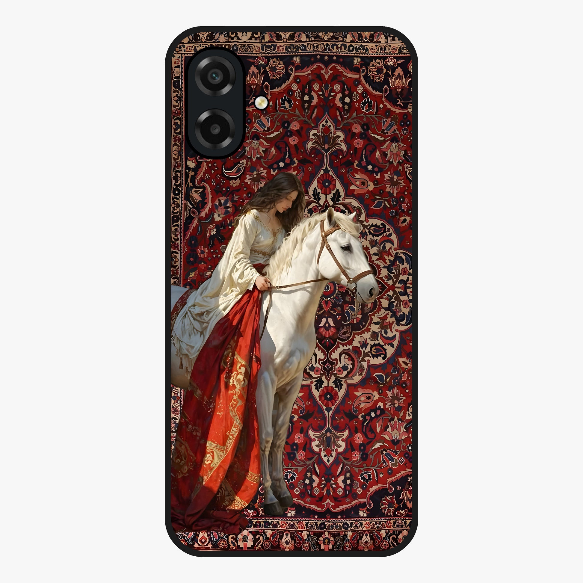 Royal Rider Tapestry Glass Case showing flat back view with majestic horse rider tapestry artwork and glossy glass finish.