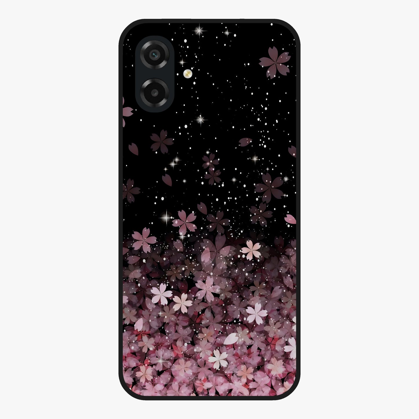 Small Starry Flowers Glass Case showing flat back view with delicate starry floral artwork and glossy glass finish.