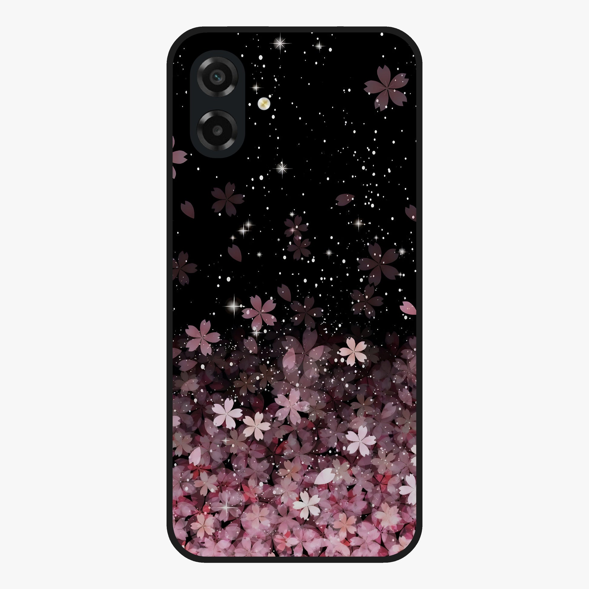 Small Starry Flowers Glass Case showing flat back view with delicate starry floral artwork and glossy glass finish.