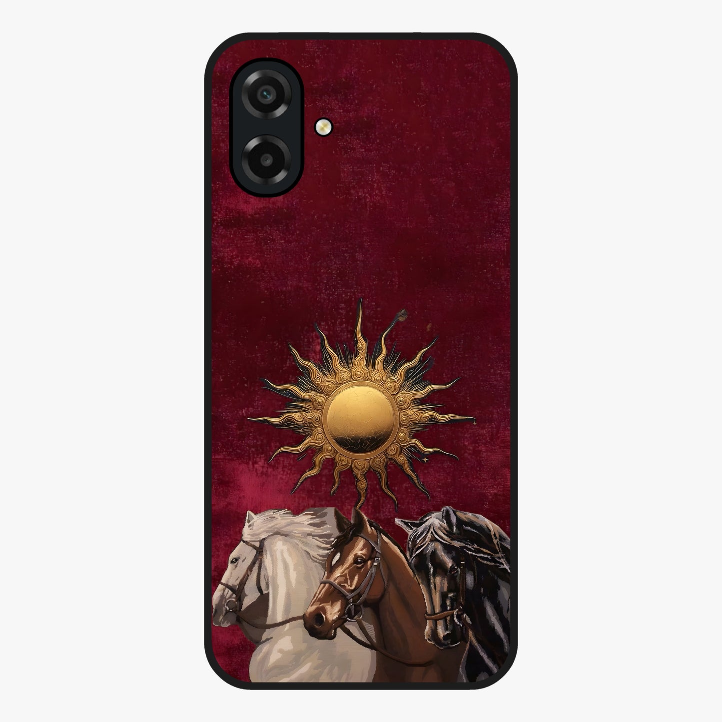 Solar Riders Glass Case showing flat back view with dynamic rider themed artwork and glossy glass finish.