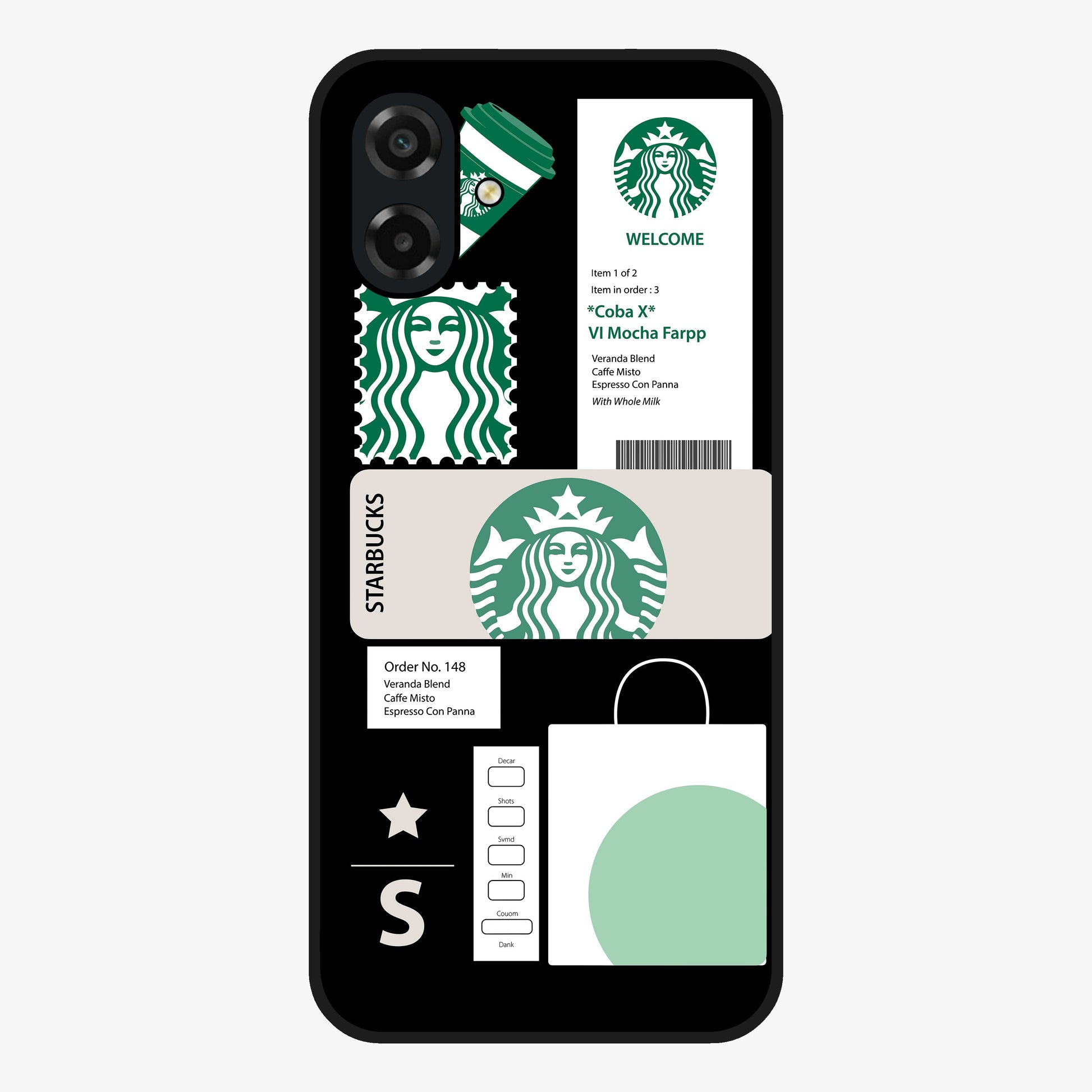 Starbucks Mocha Glass Case showing flat back view with coffee inspired artwork and glossy glass finish.