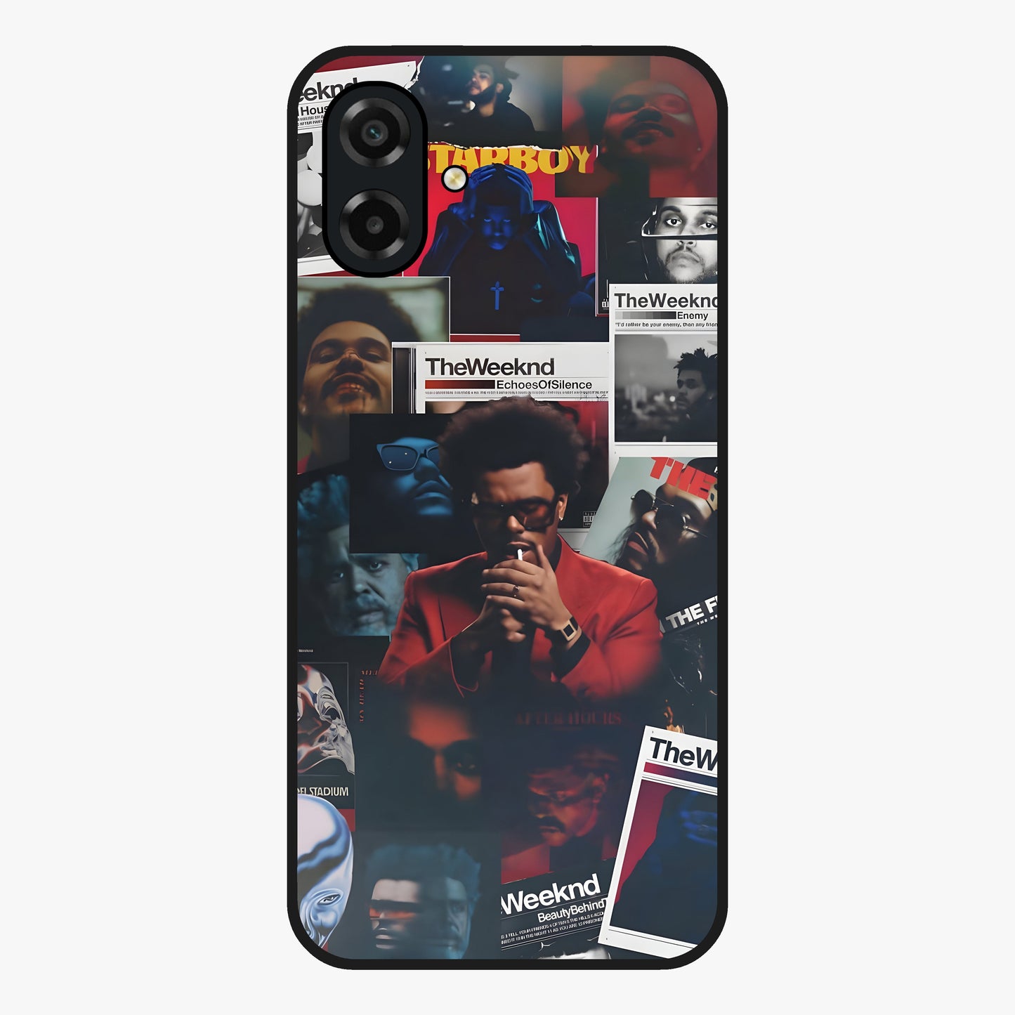 The Weeknd Glass Case showing flat back view with music inspired artistic portrait artwork and glossy glass finish.