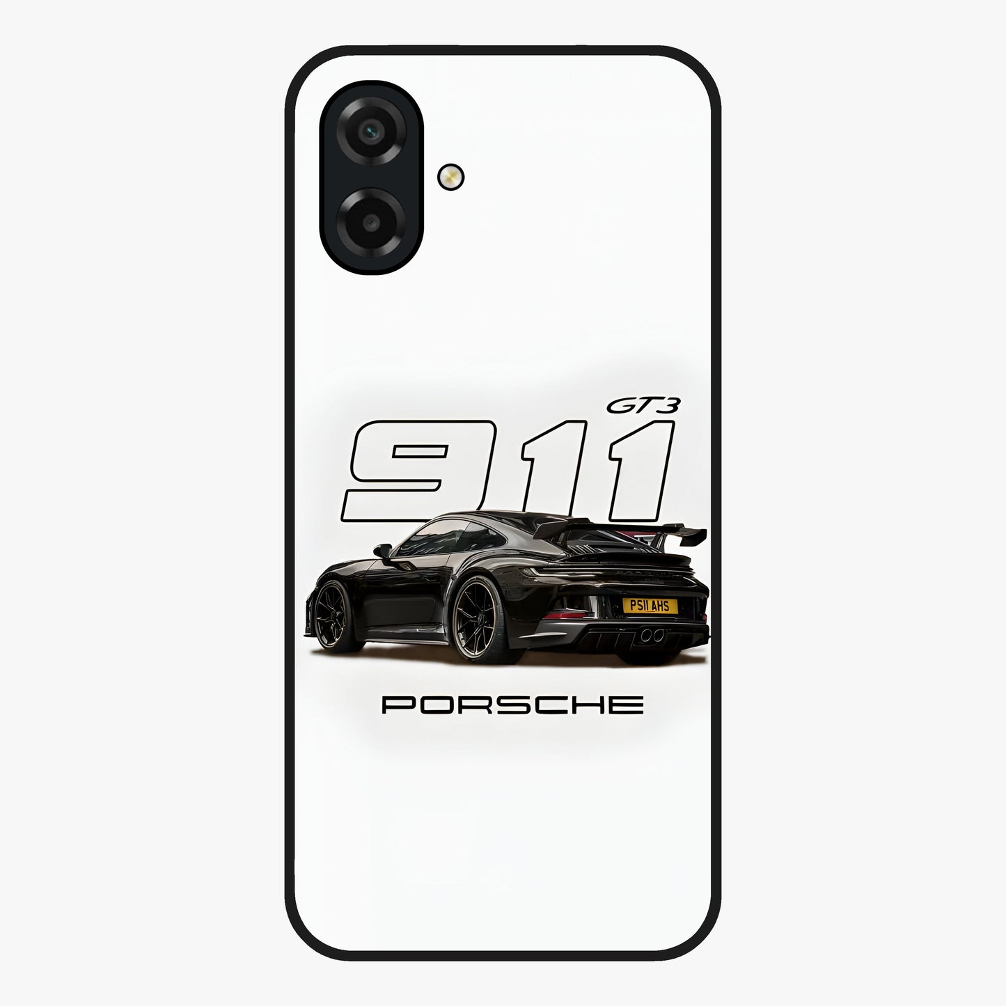 Turbo Legacy Icon Glass Case showing flat back view with iconic sports car inspired artwork and glossy glass finish.
