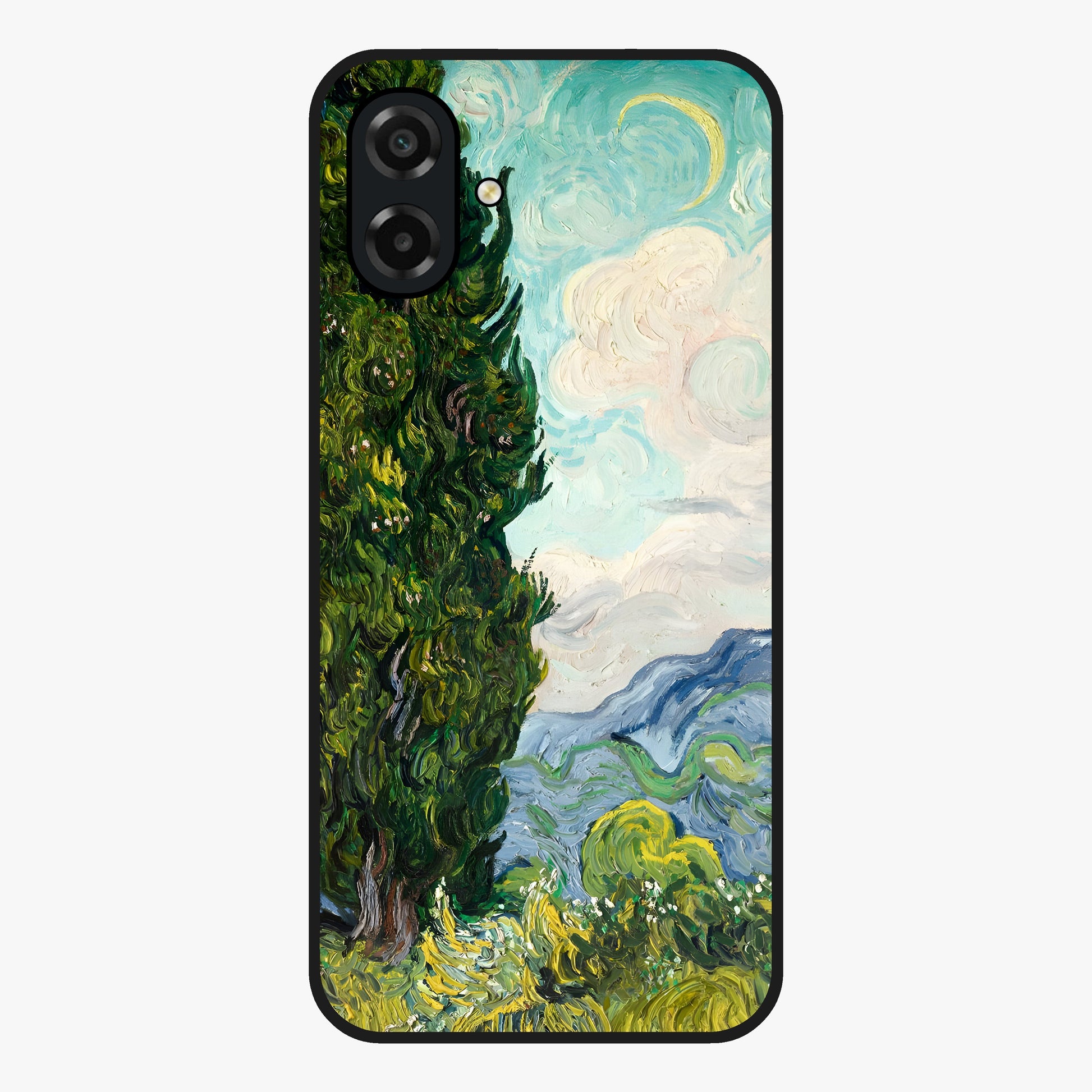 Van Gogh Vintage Art Glass Case showing flat back view with vintage painterly artwork inspired by Van Gogh style and glossy glass finish.