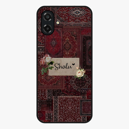 Velvet Wine Pattern Custom Name Glass Case showing flat back view with elegant wine colored pattern artwork and personalized name design.