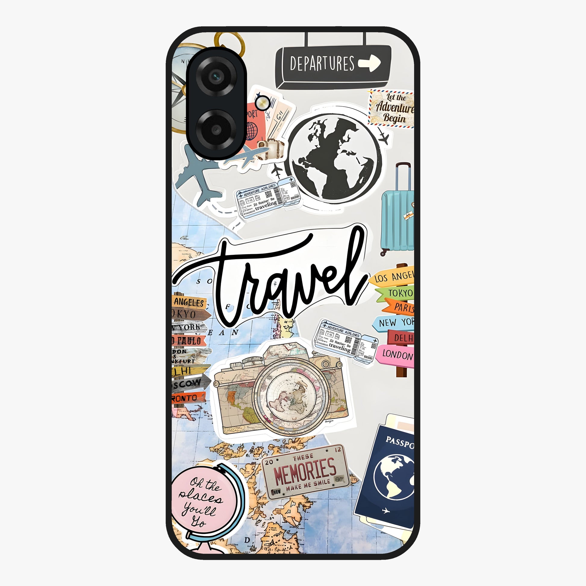 Wanderlust Journal Glass Case showing flat back view with travel inspired artwork and glossy glass finish.