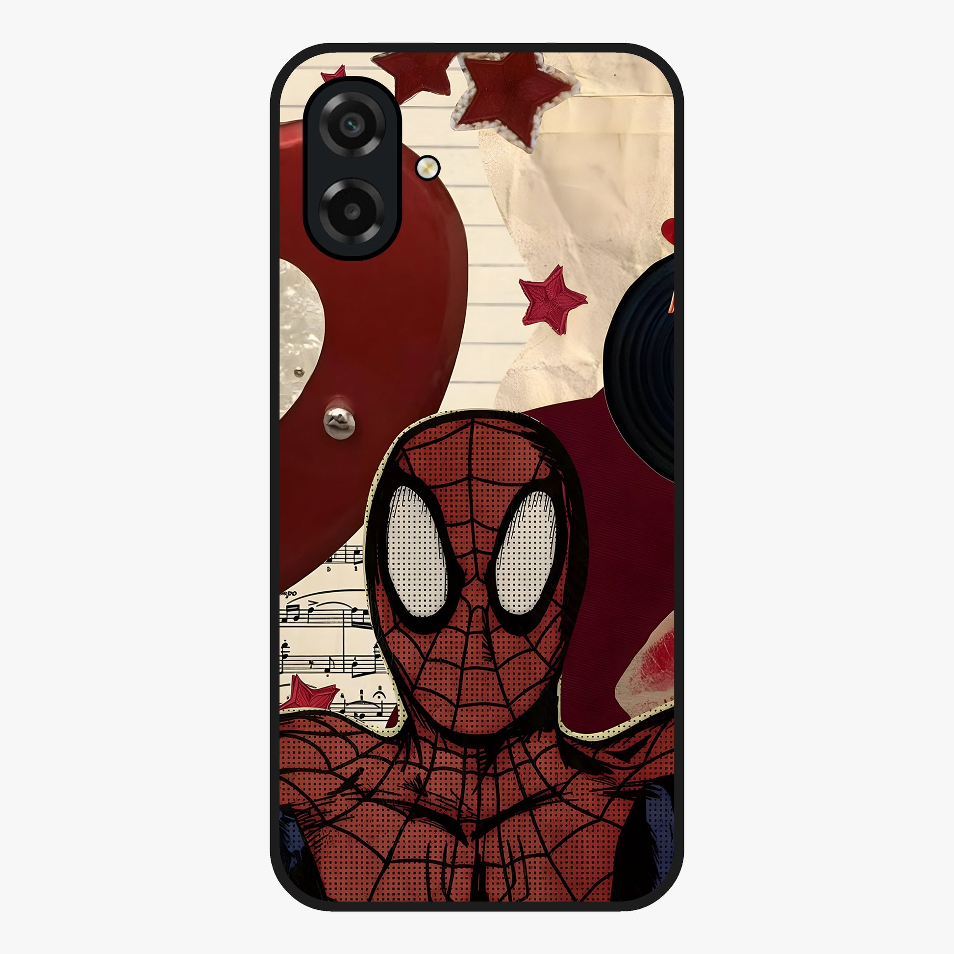 Web Warrior Vibes Glass Case showing flat back view with superhero inspired web themed artwork and glossy glass finish.