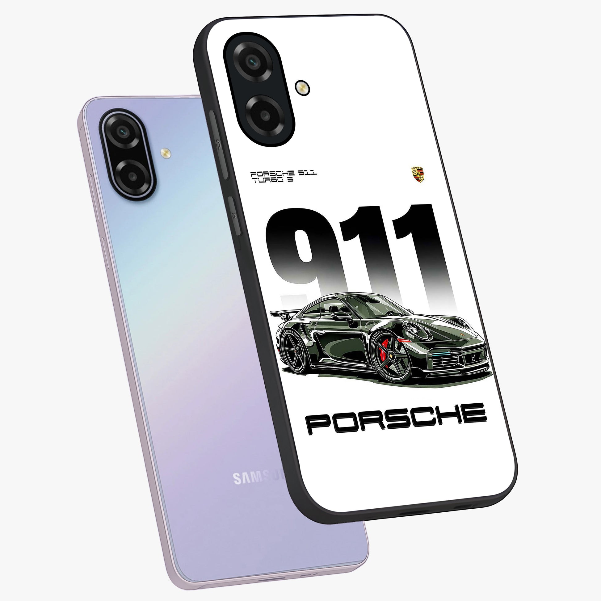 911 Turbo Dominance Glass Case displayed in premium angled mockup highlighting sporty car illustration and sleek glass surface.