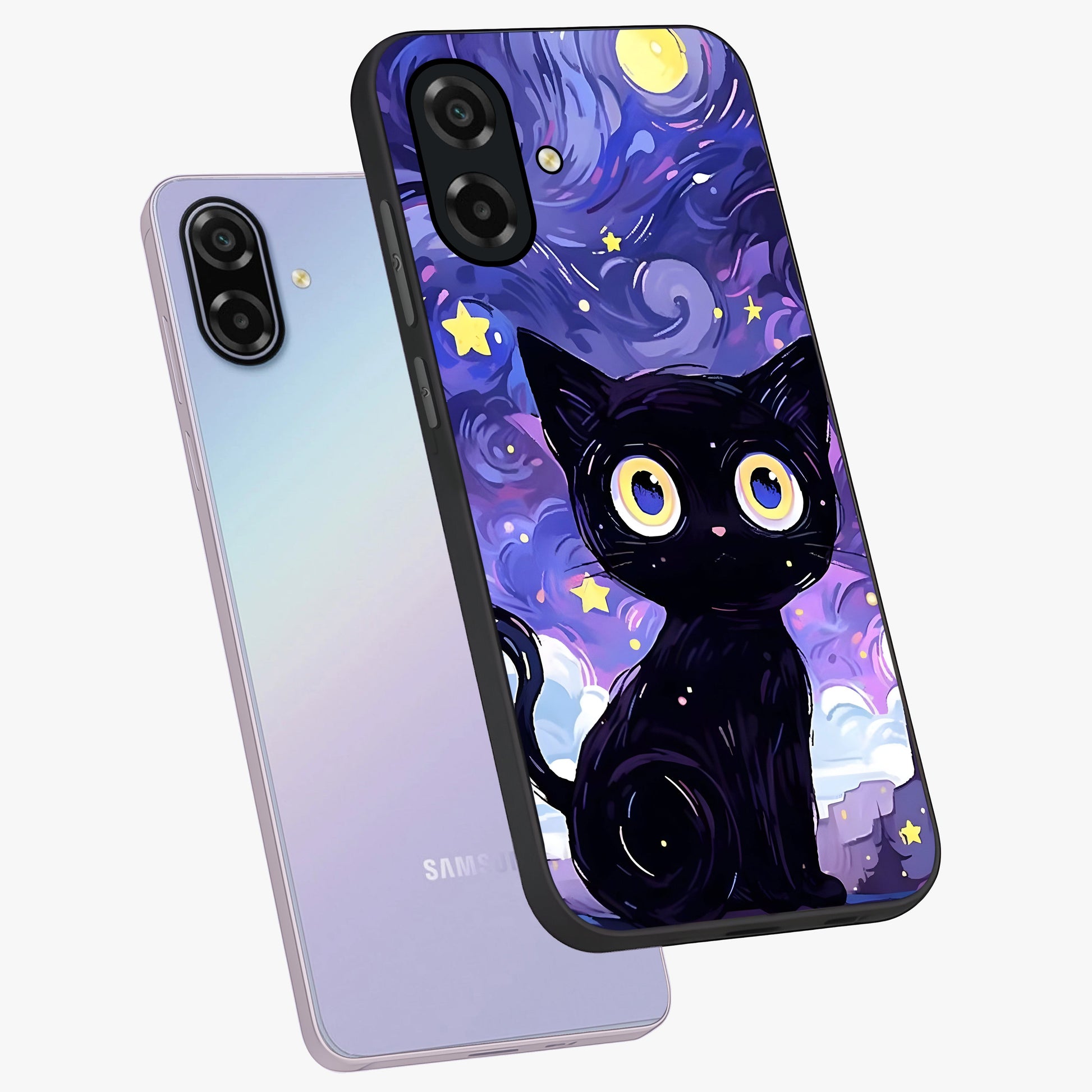 Abstract Cat Art Glass Case displayed in angled mockup highlighting modern abstract cat artwork and sleek glass surface.