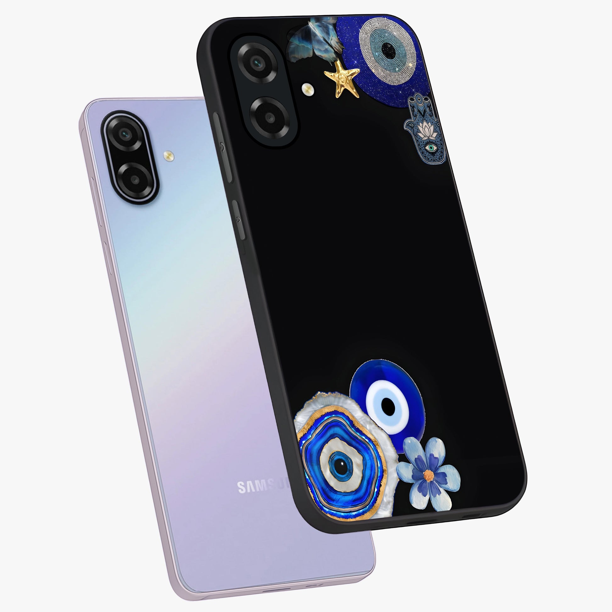 Aesthetic Blue Evil Eye Glass Case displayed in angled mockup highlighting blue evil eye symbol and spiritual aesthetic design.
