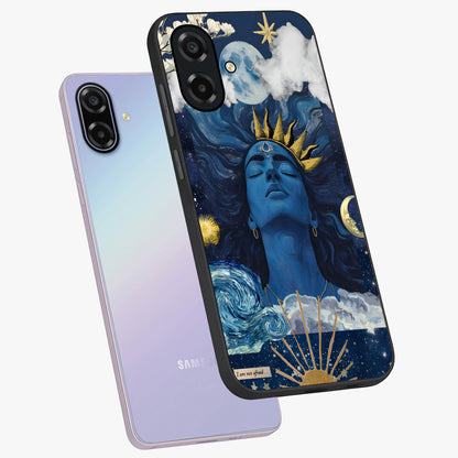 Aesthetic Lord Shiva Glass Case displayed in angled mockup highlighting spiritual Shiva illustration and sacred aesthetic design.