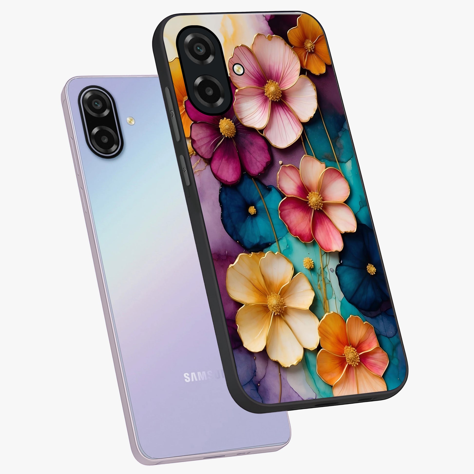 Artlyn Grace Flower Pattern Glass Case displayed in angled mockup highlighting delicate flower pattern design and smooth glass surface.