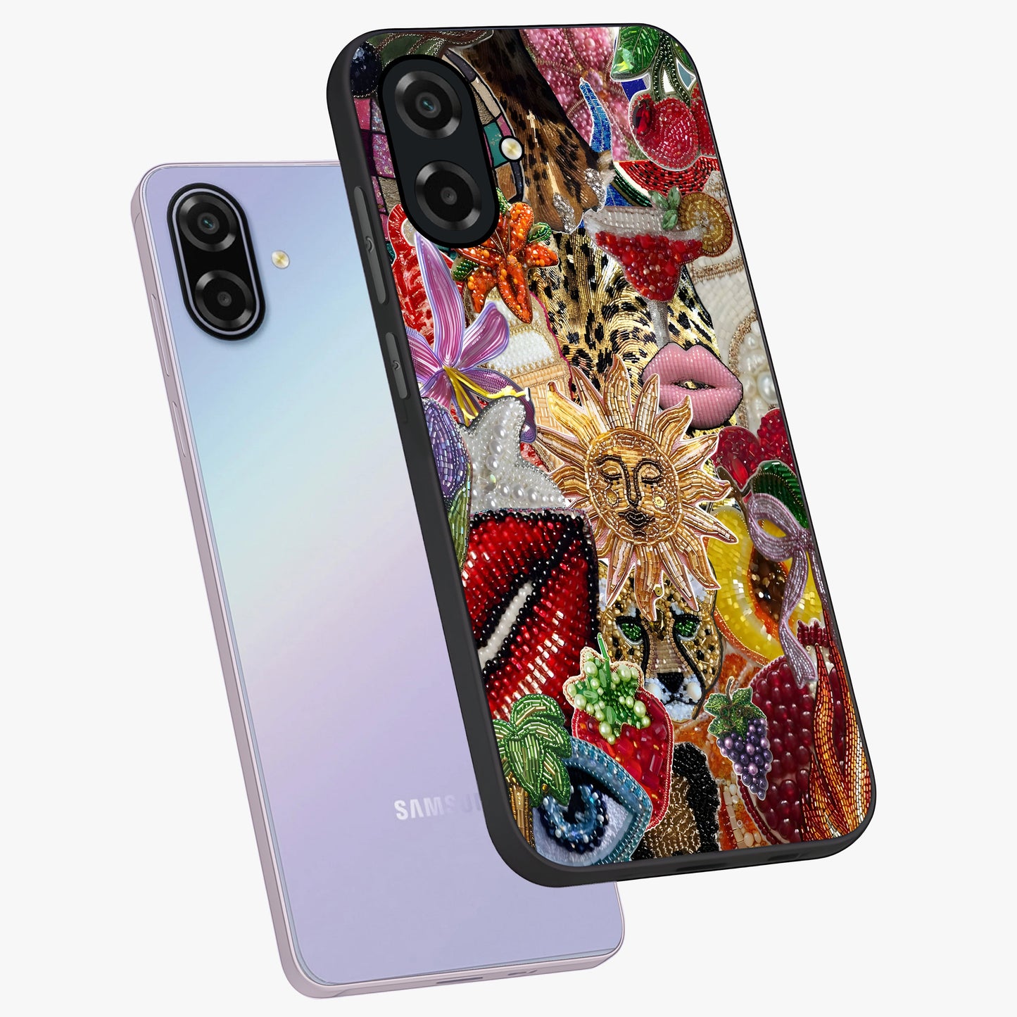 Beaded Fashion Jungle Glass Case displayed in angled mockup highlighting colorful fashion bead design and artistic pattern.