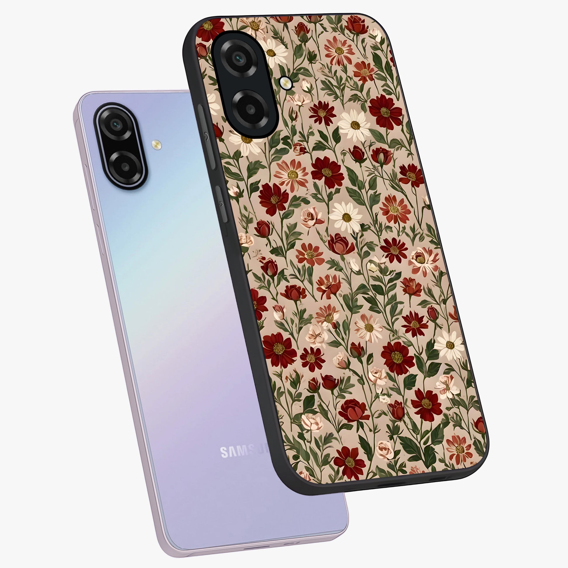 Biege Flower With Leaf Glass Case displayed in angled mockup highlighting minimal floral leaf design and elegant aesthetic.