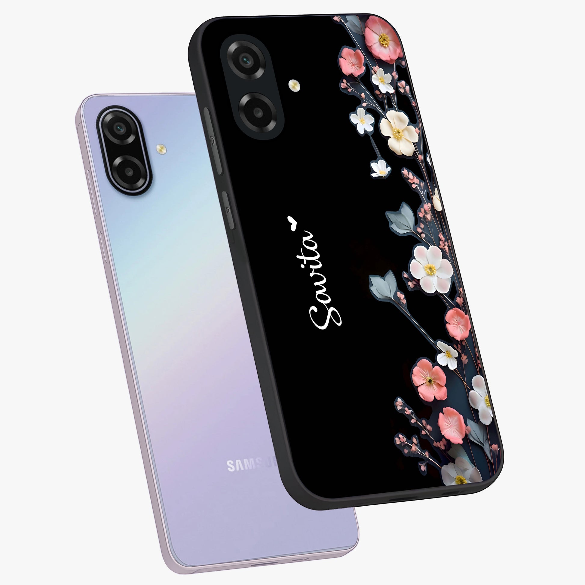 Black Elegance Floral Custom Name Glass Case displayed in angled mockup highlighting dark floral aesthetic and custom name feature.