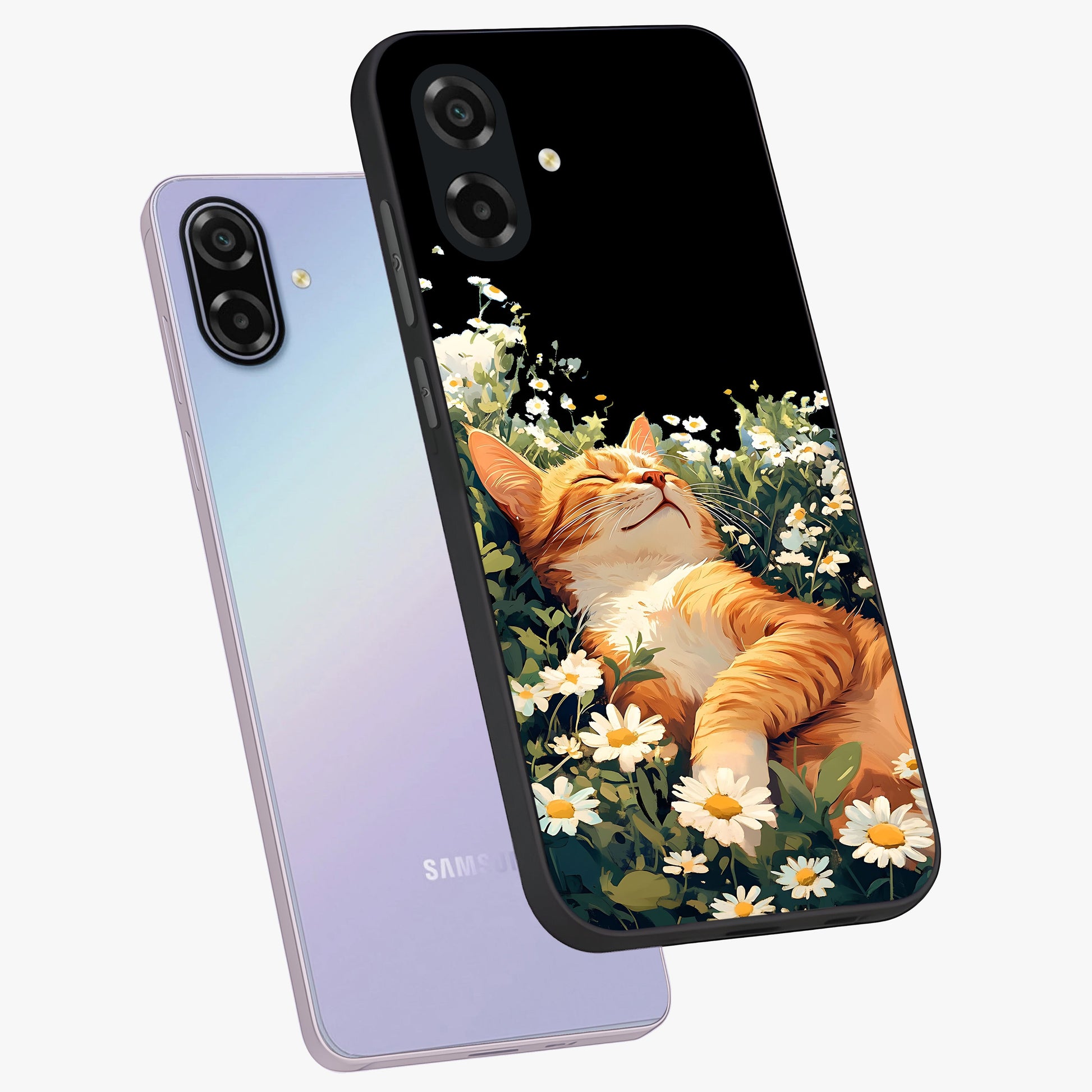 Blissful Bloom Cat Glass Case displayed in angled mockup highlighting playful feline illustration with soft floral aesthetic.