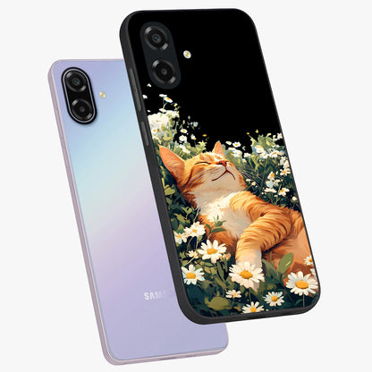 Blissful Bloom Cat Glass Case displayed in angled mockup highlighting playful feline illustration with soft floral aesthetic.